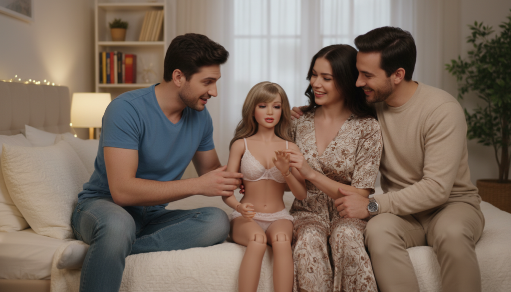 A cozy bedroom setting featuring a single male and a couple seated on a neatly made bed, under soft, inviting bedsheets. The male figure appears curious and engaged as he explores a lifelike Pure Fantasy Sex Doll, showcasing the doll's realistic features and intricate details. The couple, dressed in casual but tasteful clothing, shares a warm and playful atmosphere, emphasizing the joy of exploration and connection. Soft, ambient lighting gently illuminates the room, enhancing the feelings of intimacy and comfort. The focus is on the interaction between the characters and the doll, highlighting the emotional and experiential aspects of enhanced sexual satisfaction in a tasteful manner. The angle captures the warmth and closeness, with a slightly blurred background that suggests a safe, private environment. A cozy bedroom setting featuring a single male and a couple seated on a neatly made bed under soft inviting bedsheets The male figure appears curious and engaged as he explores a lifelike Pure Fantasy Sex Doll showcasing the dolls realistic features and intricate details The couple dressed in casual but tasteful clothing shares a warm and playful atmosphere emphasizing the joy of exploration and connection Soft ambient lighting gently illuminates the room enhancing the feelings of intimacy and comfort The focus is on the interaction between the characters and the doll highlighting the emotional and experiential aspects of enhanced sexual satisfaction in a tasteful manner The angle captures the warmth and closeness with a slightly blurred background that suggests a safe private environment
