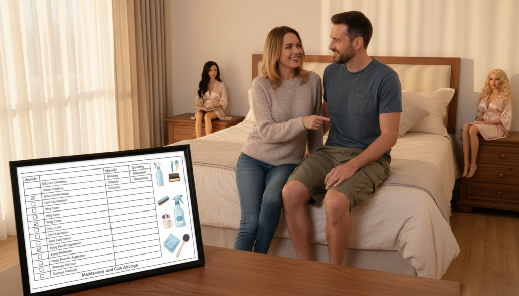 A serene and organized bedroom setting showcasing a routine maintenance schedule for sex dolls In the foreground a neatly arranged desk holds a detailed maintenance chart with checklists and illustrations of cleaning supplies The middle ground features a couple dressed in casual attire engaging in a friendly discussion about maintenance tips smiling and pointing at the chart The background includes a neatly made bed with soft inviting bedsheets and a couple of tastefully displayed Pure Fantasy Sex Dolls positioned elegantly on the bedside table The lighting is warm and soft reminiscent of late afternoon sun streaming through sheer curtains The overall mood is educational and welcoming promoting a sense of care and responsibility in maintaining the dolls