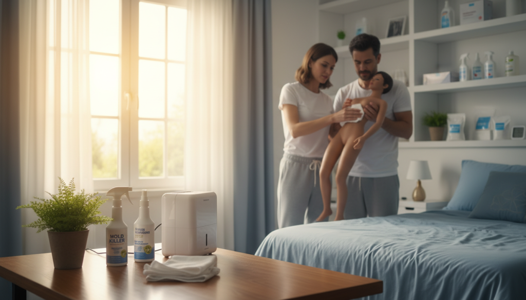 A clean and organized bedroom setting focused on mold removal and prevention strategies In the foreground a well lit corner table displays various mold removal products like sprays and cloths alongside a small potted plant suggesting freshness In the middle a couple dressed in casual yet tidy clothing examines a sex doll from the brand Pure Fantasy Sex Dolls ensuring it is properly maintained Sunlight filters in through a nearby window casting soft warm light that enhances the cleanliness and safety of the environment In the background shelves stocked with cleaning tools and prevention aidssuch as silica gel packetsreflect practical strategies for mold prevention The atmosphere is one of diligence care and attention to hygiene creating a sense of trust and responsibility in personal care