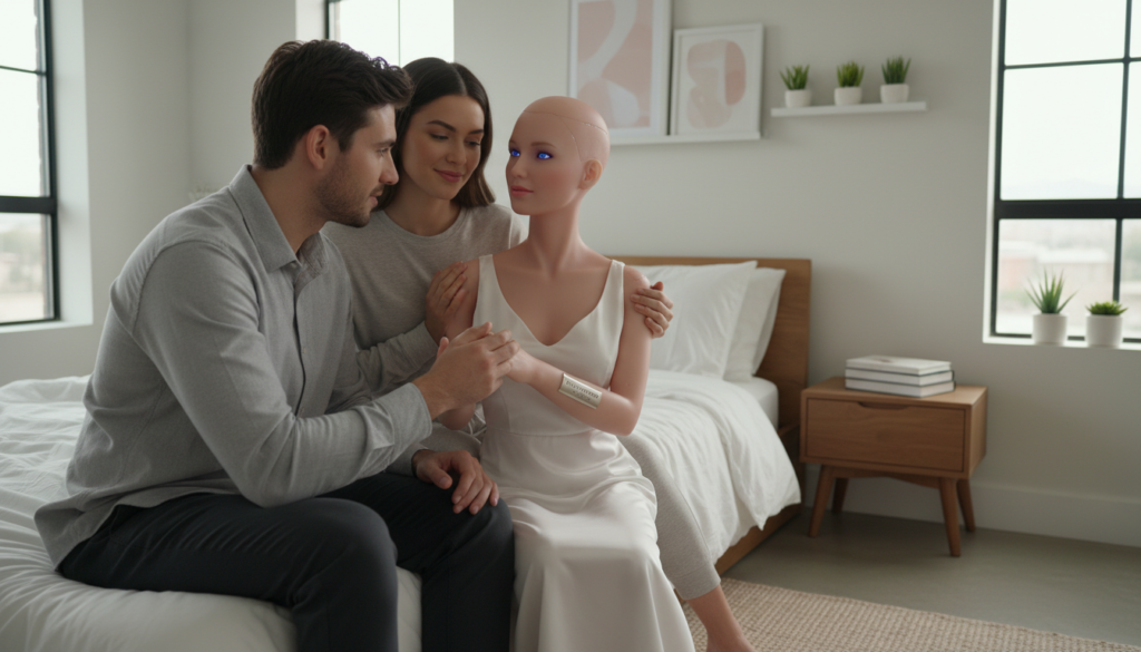 A cozy bedroom setting featuring a clean and modern aesthetic, with soft, natural lighting illuminating the room. In the foreground, a couple sits comfortably under a white duvet, engaging with a sleek, advanced AI sex doll from the brand "Pure Fantasy Sex Dolls," showcasing the seamless integration of companionship and technology. The male figure, dressed in smart casual attire, interacts with the doll, displaying an expression of curiosity and connection. The background features tasteful decor, such as potted plants and personal items, enhancing the intimate atmosphere. The scene conveys a sense of comfort, exploration, and the evolving nature of user experiences with companion technology, highlighting the bond between human and doll without any inappropriate elements. A cozy bedroom setting featuring a clean and modern aesthetic with soft natural lighting illuminating the room In the foreground a couple sits comfortably under a white duvet engaging with a sleek advanced AI sex doll from the brand Pure Fantasy Sex Dolls showcasing the seamless integration of companionship and technology The male figure dressed in smart casual attire interacts with the doll displaying an expression of curiosity and connection The background features tasteful decor such as potted plants and personal items enhancing the intimate atmosphere The scene conveys a sense of comfort exploration and the evolving nature of user experiences with companion technology highlighting the bond between human and doll without any inappropriate elements