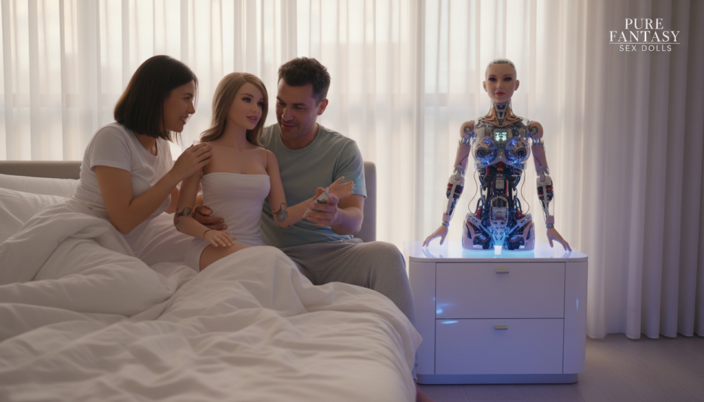 A cozy modern bedroom setting featuring advanced companion dolls from Pure Fantasy Sex Dolls with articulated robotic features In the foreground a doll with realistic skin texture and dynamic joint movement is positioned next to an engaged couple both dressed in modest casual clothing interacting playfully under the white bedsheets The middle layer includes a sleek futuristic bedside table with soft ambient lighting that highlights the dolls robotic mechanisms and intricate details in their design In the background soft focus curtains filter natural light creating a serene and intimate atmosphere Capture this scene with a shallow depth of field to emphasize the interaction while keeping the background softly blurred enhancing the mood of innovation and warmth
