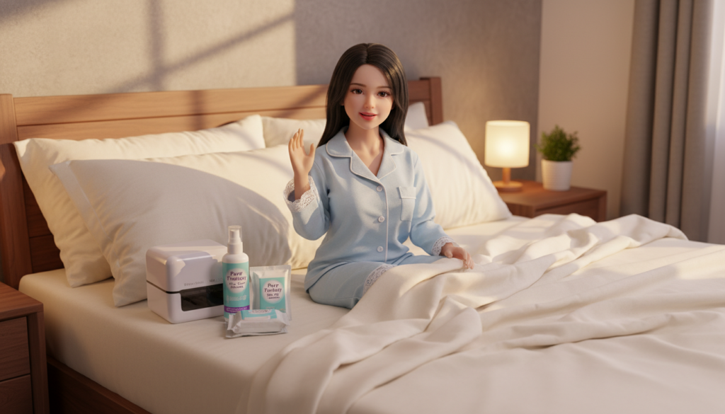 A serene ultra realistic bedroom scene showcasing a well maintained companion doll positioned gracefully on a neatly made bed with soft inviting sheets The foreground features the doll in a friendly pose embodying cleanliness and safety dressed in modest pajamas In the middle ground a cozy nightstand displays hygiene products like wipes and sprays labeled Pure Fantasy Sex Dolls emphasizing care and safety The background includes soft warm lighting creating a relaxed atmosphere with gentle shadows that enhance the cozy ambiance The angle offers a slightly elevated view capturing the intimate safe environment while ensuring the focus remains on hygiene and the dolls endearing presence The overall mood is one of comfort and reassurance effectively separating myth from reality