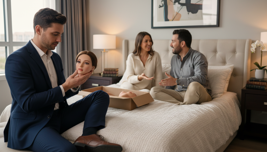 An ultra realistic depiction of a modern bedroom setting showcasing the superior quality and craftsmanship of Pure Fantasy Sex Dolls In the foreground a single male in business casual attire examines a silicone doll focusing on its lifelike features The middle ground includes a couple both dressed in modest clothing enjoying a conversation about their experiences Soft warm lighting creates an inviting atmosphere highlighting the textures of both the dolls and the bedding In the background subtle décor elements like a nightstand with elegantly arranged books and a lamp add depth The angle is slightly above eye level providing a comprehensive view of the scene capturing a moment of connection and insight about the performance of silicone versus TPE materials