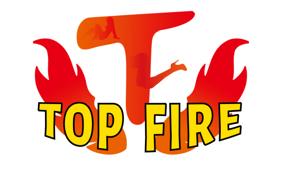 Logo for Top Fire with an orange-red flame forming a large T and bold yellow 'TOP FIRE' text outside the flame arc.