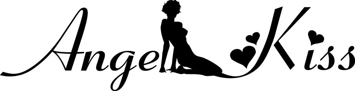 Logo for 'Angel Kiss' featuring an elegant script wordmark with a seated silhouette between 'Angel' and 'Kiss' and heart shapes around the figure.