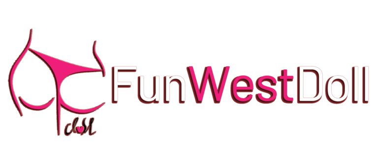 Brand logo for FunWestDoll: pink abstract bikini icon to the left of the 'FunWestDoll' wordmark on a black background.
