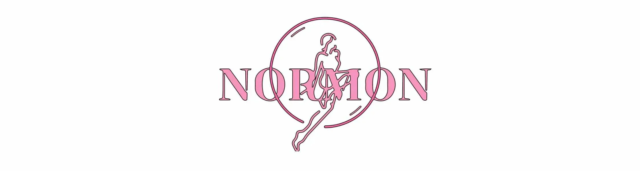 Logo: NORION with a pink serif wordmark and a circular outline containing a line-drawn dancer silhouette in the center on white background.
