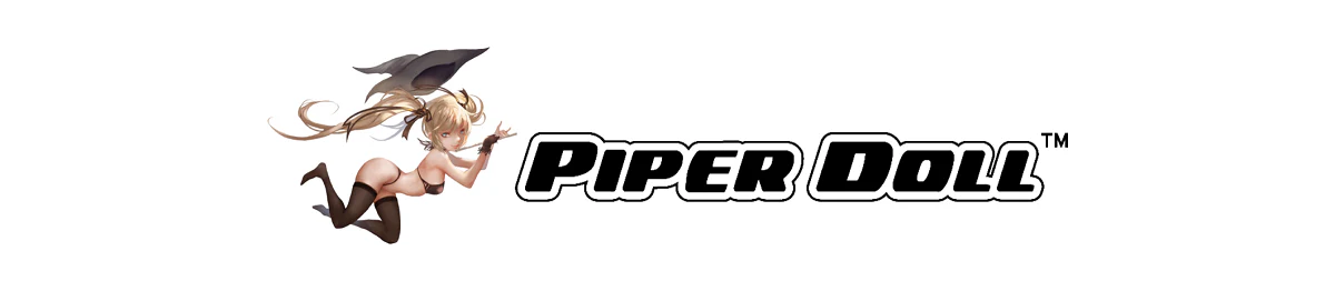 Piper Doll logo featuring a cartoon girl in a provocative pose leaping toward the brand name 'Piper Doll'
